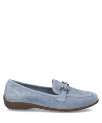 The product is a light blue Ballerina shoe made from soft suede material. It features an elastic band closure for a snug fit and a discreet logo on the side.