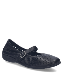 Schwarze Ballerina aus Leder mit Schnallenverschluss. Der Schuh hat ein perforiertes Design für Belüftung und Stil.