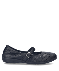 Schwarze Ballerina aus Leder mit Schnallenverschluss. Der Schuh hat ein perforiertes Design für Belüftung und Stil.