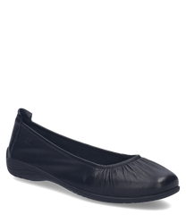 A sleek black leather ballerina flat featuring an elastic band for a secure fit. The shoe has a smooth texture and a light brown sole providing comfort and style for everyday wear.