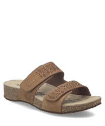 These sandals feature a brown leather upper with Velcro straps for easy adjustment. The cork sole offers comfort and durability making them ideal for everyday wear.