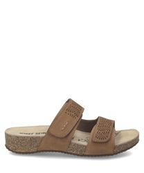 These sandals feature a brown leather upper with Velcro straps for easy adjustment. The cork sole offers comfort and durability making them ideal for everyday wear.