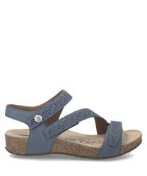 Sandalo in pelle blu con chiusura in velcro. La suola è in sughero per un comfort ottimale.