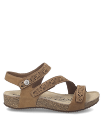 Braune Sandale aus Leder mit Klettverschluss. Perforiertes Design auf den Riemen und Korksohle bieten Komfort und Stil.