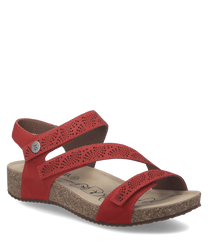 Sandalias rojas con cierre de velcro. Hechas de material sintético con diseño perforado y suela de corcho.