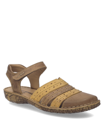 Sandalo in pelle marrone e beige con chiusura in velcro. Suola decorata antiscivolo ideale per un comfort quotidiano.