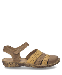 Sandalo in pelle marrone e beige con chiusura in velcro. Suola decorata antiscivolo ideale per un comfort quotidiano.