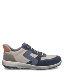 Moderner Sneaker aus Leder in Beige und Blau mit grauen Akzenten. Der Schuh hat eine Schnürung und ein kontrastierendes Fersenelement in Braun.