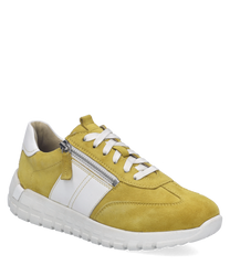 Baskets en cuir jaune avec laçage et fermeture éclair latérale. Semelle blanche épaisse pour un confort optimal.