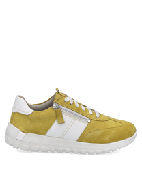 Baskets en cuir jaune avec laçage et fermeture éclair latérale. Semelle blanche épaisse pour un confort optimal.