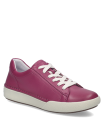 Sneaker in pelle rossa con allacciatura bianca e suola in gomma bianca. Design moderno e confortevole ideale per un look casual e dinamico.
