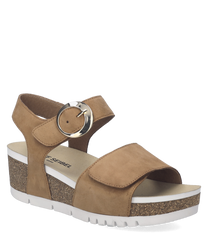 Sandalias de velcro marrones de material sintético con suela antideslizante. Diseño cómodo con plataforma de corcho y cierre ajustable con hebilla metálica grande.