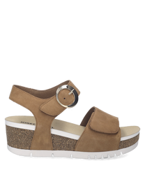 Sandalias de velcro marrones de material sintético con suela antideslizante. Diseño cómodo con plataforma de corcho y cierre ajustable con hebilla metálica grande.