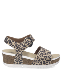 Damen-Sandale mit Leopardenmuster aus Textilmaterial. Verstellbare Klettverschlüsse und ein Keilabsatz in Korkoptik sorgen für Komfort und Stil.