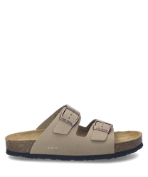 Sandalo in pelle beige con doppia fibbia in metallo. Suola in sughero per un comfort ottimale.