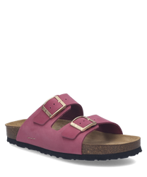 Roze sandaal met dubbele gespen. Gemaakt van leer met een kurken zool voor optimaal comfort.