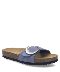 These sandals feature a wide lavender strap with a large silver buckle for closure. The footbed is made of cork with a black sole providing comfort and durability.