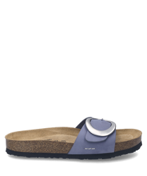 These sandals feature a wide lavender strap with a large silver buckle for closure. The footbed is made of cork with a black sole providing comfort and durability.