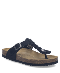 Sandalo nero con fibbia e fondo in sughero. Realizzato in materiale resistente con design minimalista e confortevole.