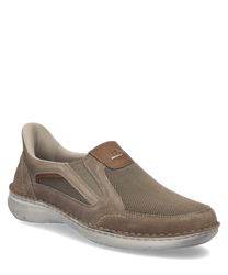 Brown suede loafer with mesh panels for breathability. Features an easy slip-on design with a cushioned sole for comfort.