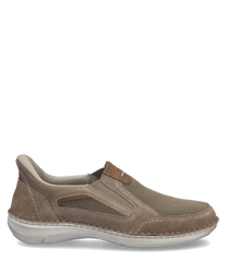 Brown suede loafer with mesh panels for breathability. Features an easy slip-on design with a cushioned sole for comfort.