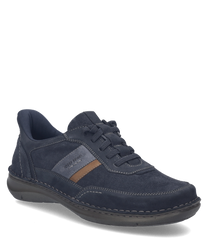 Scarpa bassa in pelle scamosciata blu con allacciatura. Dettaglio marrone laterale e suola in gomma nera per un look casual e confortevole.