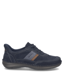 Scarpa bassa in pelle scamosciata blu con allacciatura. Dettaglio marrone laterale e suola in gomma nera per un look casual e confortevole.
