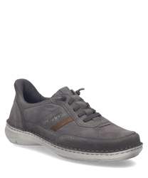Zapato bajo gris de cuero con cierre Easy On. Detalles marrones y suela blanca aportan un estilo casual y cómodo.