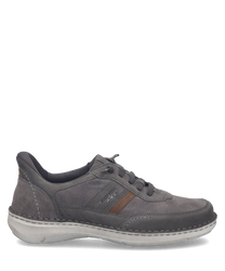 Zapato bajo gris de cuero con cierre Easy On. Detalles marrones y suela blanca aportan un estilo casual y cómodo.