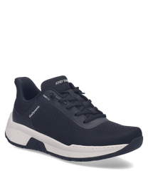 The sneaker is black with a mesh upper for breathability and features an Easy On closure. It has a white rubber sole for traction and comfort making it ideal for casual wear.
