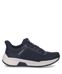 The sneaker is black with a mesh upper for breathability and features an Easy On closure. It has a white rubber sole for traction and comfort making it ideal for casual wear.