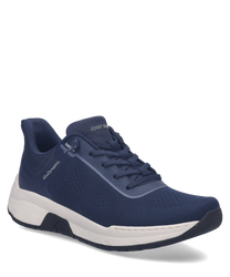 Baskets de sport bleues avec laçage classique. Fabriquées en matériau respirant elles ont une semelle blanche robuste pour un confort optimal.