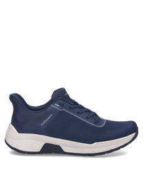 Baskets de sport bleues avec laçage classique. Fabriquées en matériau respirant elles ont une semelle blanche robuste pour un confort optimal.