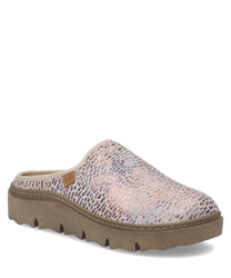 The slippers feature a textured multicolor upper with an animal print pattern. They have a slip-on design with a sturdy beige sole providing comfort and style.