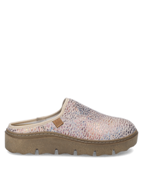 The slippers feature a textured multicolor upper with an animal print pattern. They have a slip-on design with a sturdy beige sole providing comfort and style.