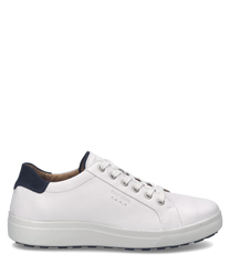 Baskets blanches avec laçage et semelle blanche. Détails bleus au talon pour un style moderne et élégant.