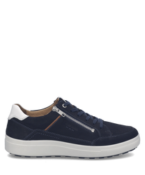 Baskets en cuir bleu foncé avec fermeture à lacets. Semelle blanche contrastante et détails en cuir blanc à l'arrière.