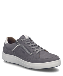 Baskets en cuir gris avec lacets et fermeture éclair. Semelle blanche contrastante pour un look moderne et élégant.