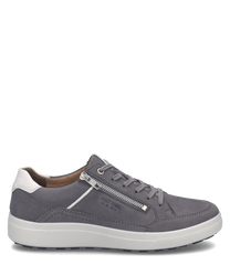 Baskets en cuir gris avec lacets et fermeture éclair. Semelle blanche contrastante pour un look moderne et élégant.