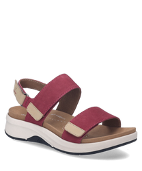 Roze sandaal met klittenbandsluiting en beige accenten. Comfortabele zool en eenvoudig verstelbaar voor een perfecte pasvorm.