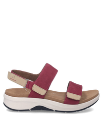 Roze sandaal met klittenbandsluiting en beige accenten. Comfortabele zool en eenvoudig verstelbaar voor een perfecte pasvorm.