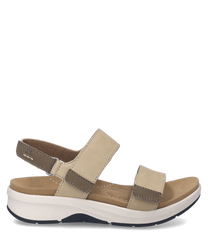 Beige sandals with Velcro straps and cushioned sole. Made from soft material for comfort and easy wear.