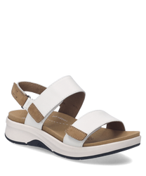 Sandales en cuir blanc avec fermeture Velcro. Semelle confortable et design moderne pour un usage quotidien.