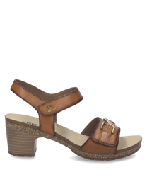 Sandales en cuir marron avec fermeture Velcro. Talon moyen et semelle texturée pour un confort optimal.