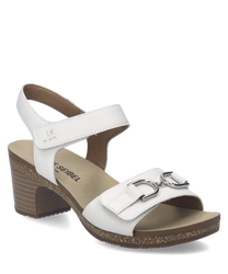 Sandalias de mujer en color blanco con cierre de velcro. Hechas de material sintético con un tacón de madera de tamaño medio y suela antideslizante.
