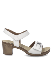 Sandalias de mujer en color blanco con cierre de velcro. Hechas de material sintético con un tacón de madera de tamaño medio y suela antideslizante.