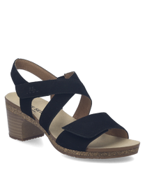 Black sandals featuring a Velcro closure with a suede finish. The sandals have a cork-look sole and a stacked heel for added height and style.