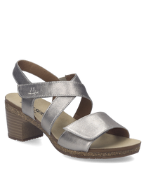 These sandals feature a sleek metallic finish with a Velcro closure for easy adjustment. The cork heel adds a natural touch and enhances comfort for all-day wear.