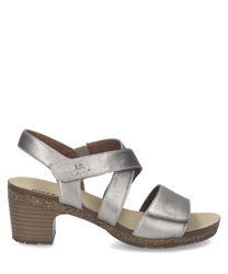 These sandals feature a sleek metallic finish with a Velcro closure for easy adjustment. The cork heel adds a natural touch and enhances comfort for all-day wear.