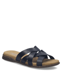 Zwarte leren loafer met een open ontwerp en geen sluiting. De schoen heeft een comfortabele bruine zool en gekruiste bandjes voor een stijlvolle uitstraling.